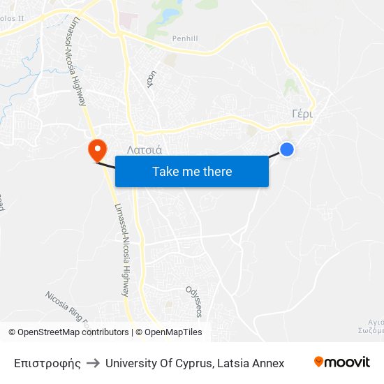 Επιστροφής to University Of Cyprus, Latsia Annex map