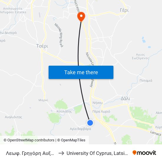 Λεωφ. Γρηγόρη Αυξεντίου to University Of Cyprus, Latsia Annex map