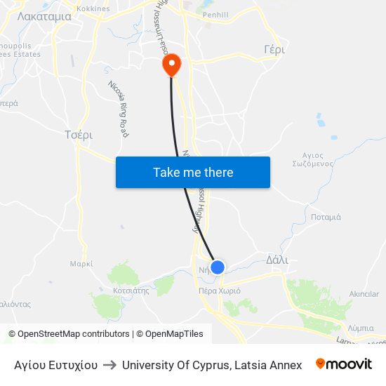 Αγίου Ευτυχίου to University Of Cyprus, Latsia Annex map
