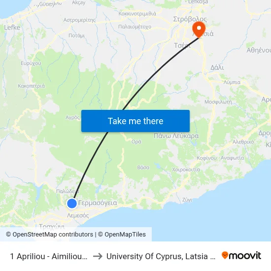 1 Apriliou - Aimiliou Zola to University of Cyprus, Latsia Annex map