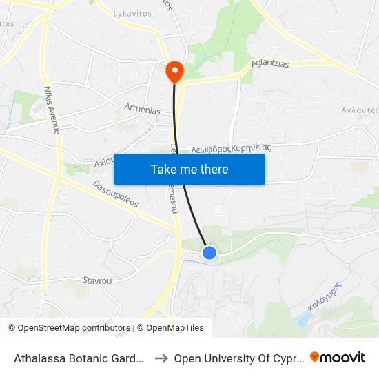 Athalassa Botanic Gardens to Open University of Cyprus map