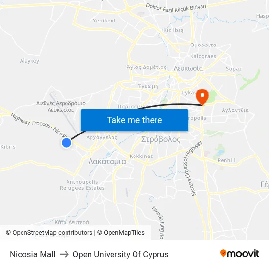 Nicosia Mall to Open University of Cyprus map