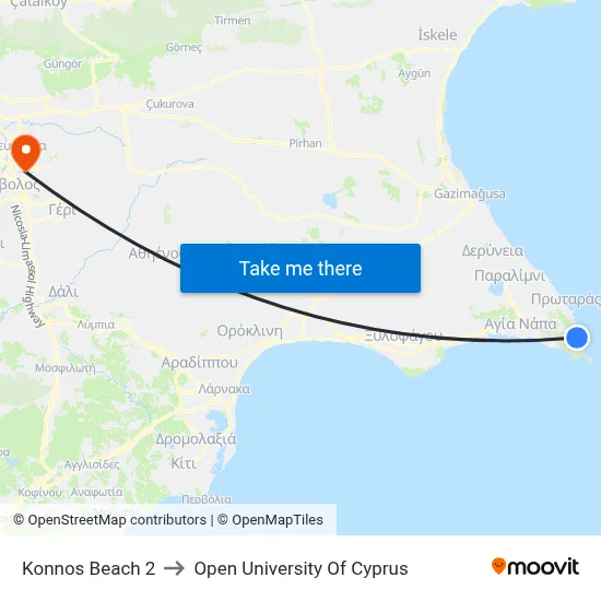 Konnos Beach to Open University of Cyprus map