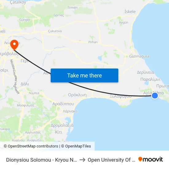 Dionysiou Solomou - Kryou Nerou Avenue to Open University of Cyprus map
