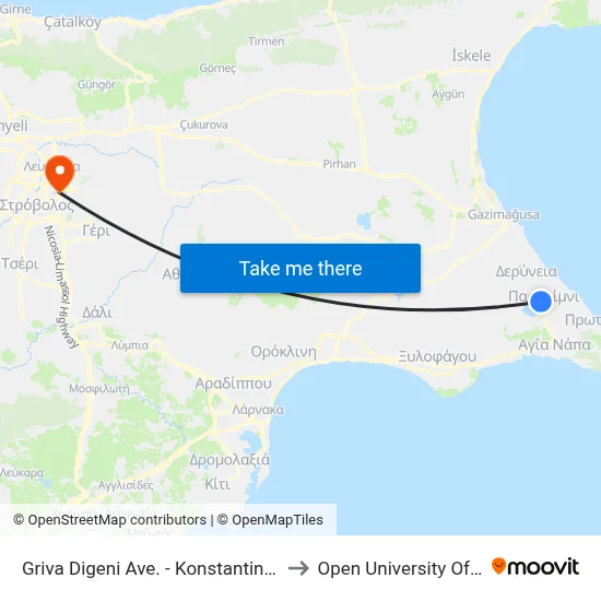 Griva Digeni Ave. - Konstantinoupoleos to Open University of Cyprus map
