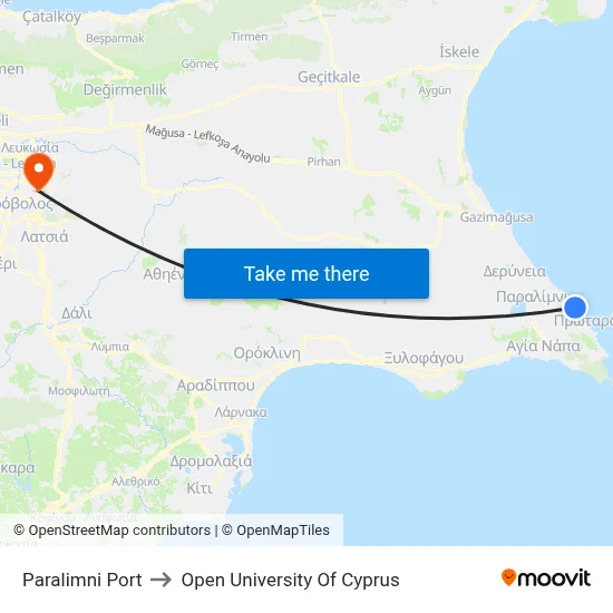 Paralimni Port to Open University of Cyprus map