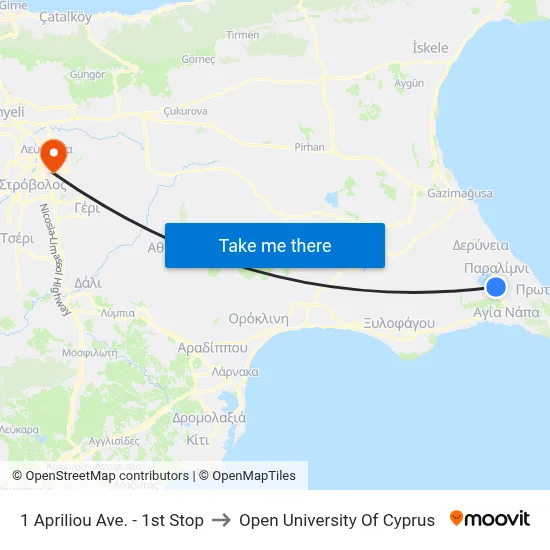 1 Apriliou Ave. - 1st Stop to Open University of Cyprus map