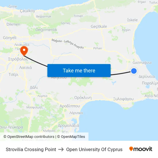 Strovilia Crossing Point to Open University of Cyprus map