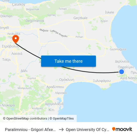 Paralimniou - Grigori Afxentiou to Open University of Cyprus map