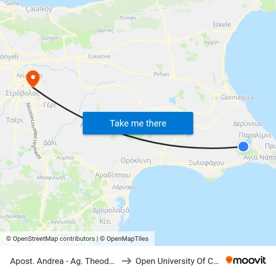 Apost. Andrea - Ag. Theodorou to Open University of Cyprus map