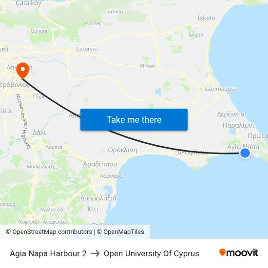 Ag. Napa Harbour to Open University of Cyprus map