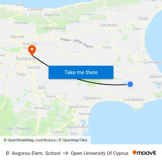 B´ Avgorou Elem. School to Open University of Cyprus map