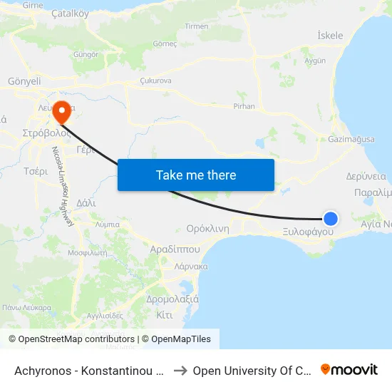 Achyronos - Konstantinou Kanari to Open University of Cyprus map