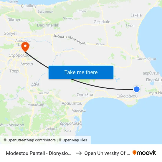 Modestou Panteli - Dionysiou Solomou to Open University of Cyprus map