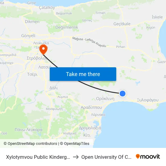 Xylotymvou Public Kindergarten to Open University of Cyprus map