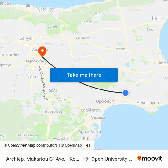 Archbishop Makarios III Avenue - Kostakis Pantelides to Open University of Cyprus map