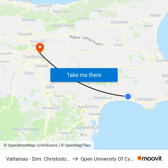 Vattainas - Dim. Christodoulou to Open University of Cyprus map