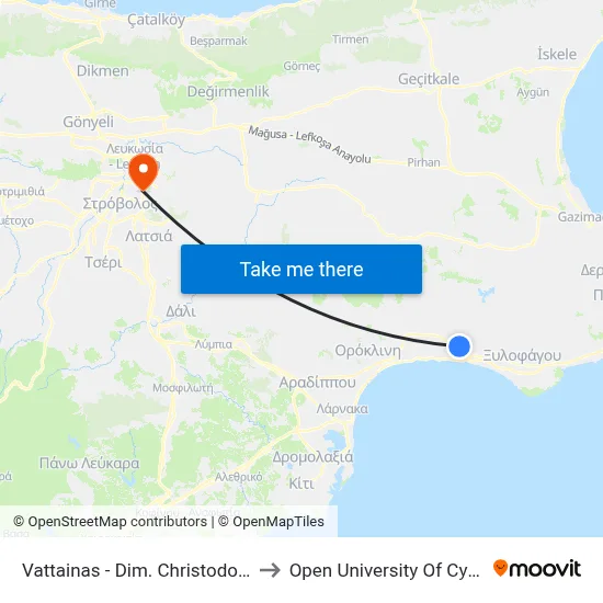 Vattainas - Dim. Christodoulou to Open University of Cyprus map