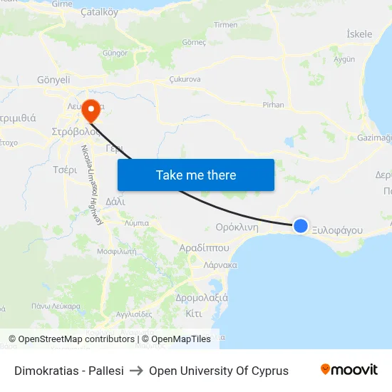 Dimokratias - Pallesi to Open University of Cyprus map