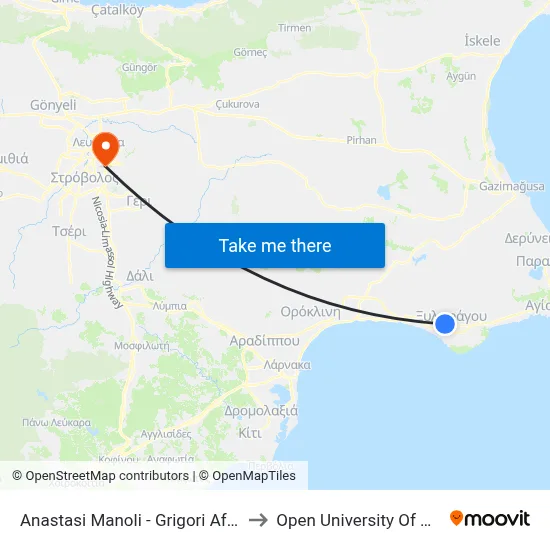 Anastasi Manoli - Grigori Afxentiou to Open University of Cyprus map