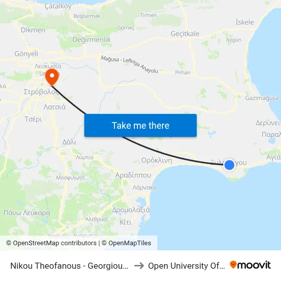 Nikou Theofanous - Georgiou Karaiskaki to Open University of Cyprus map