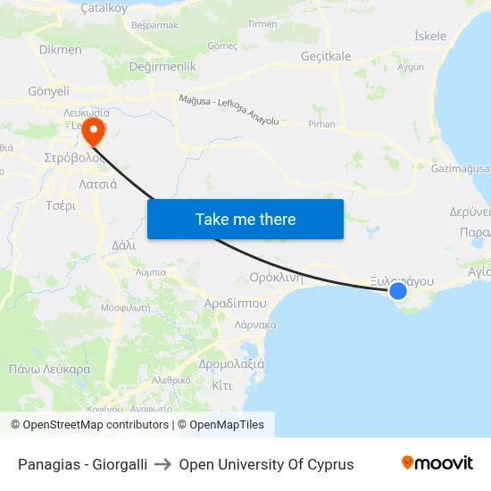 Panagias - Giorgalli to Open University of Cyprus map