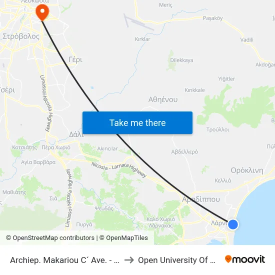 Archiep. Makariou C´ Ave. - Miltiadous to Open University of Cyprus map