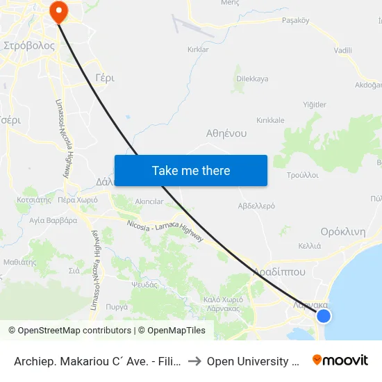 Archiep. Makariou C´ Ave. - Filiou Tsigaridi to Open University of Cyprus map