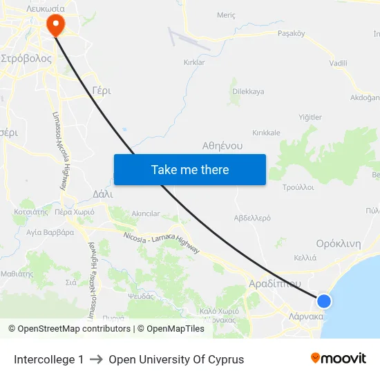 Intercollege to Open University of Cyprus map