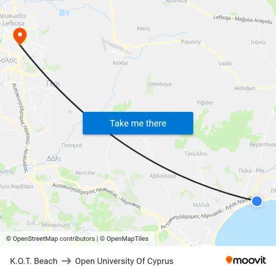 K.O.T. Beach to Open University of Cyprus map
