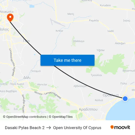 Dasaki Pylas Beach to Open University of Cyprus map