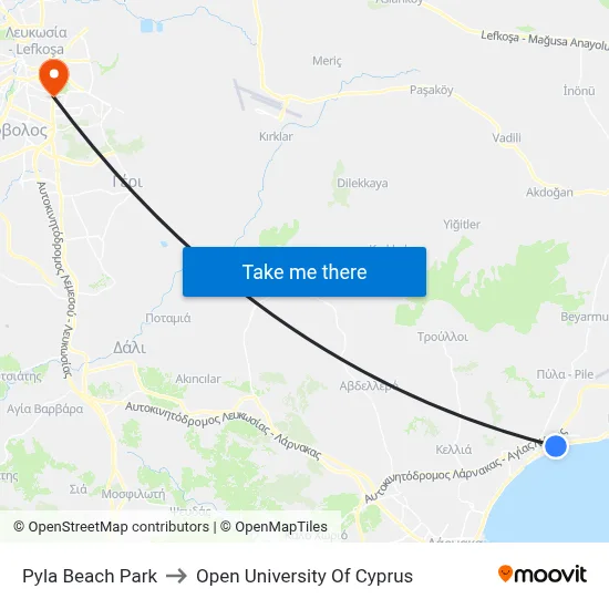 Pyla Beach Park to Open University of Cyprus map
