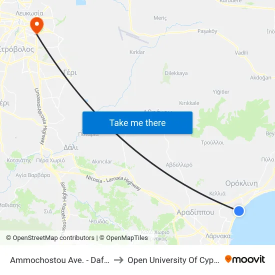 Ammochostou Ave. - Dafnis to Open University of Cyprus map