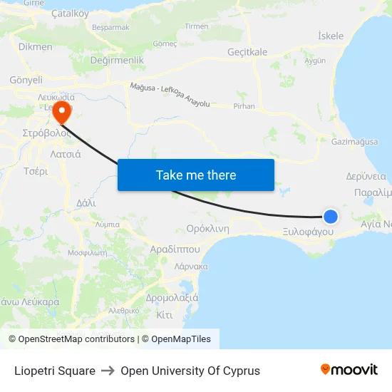 Liopetri Square to Open University of Cyprus map