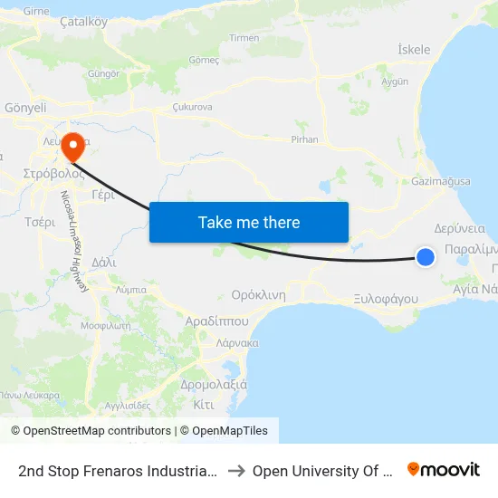 2nd Stop Frenaros Industrial Zone to Open University of Cyprus map