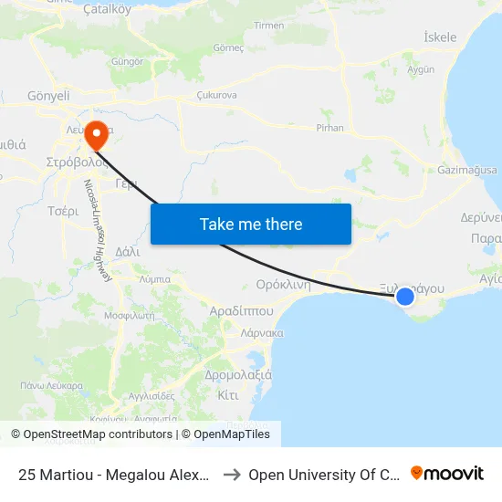 25 Martiou - Megalou Alexandrou to Open University of Cyprus map
