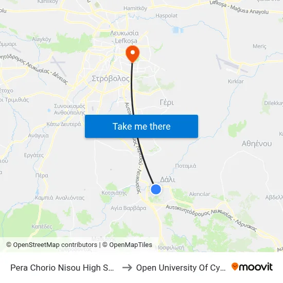 Pera Chorio Nisou High School to Open University of Cyprus map