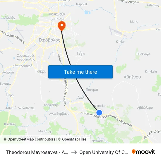Theodorou Mavrosavva - Athinas to Open University of Cyprus map