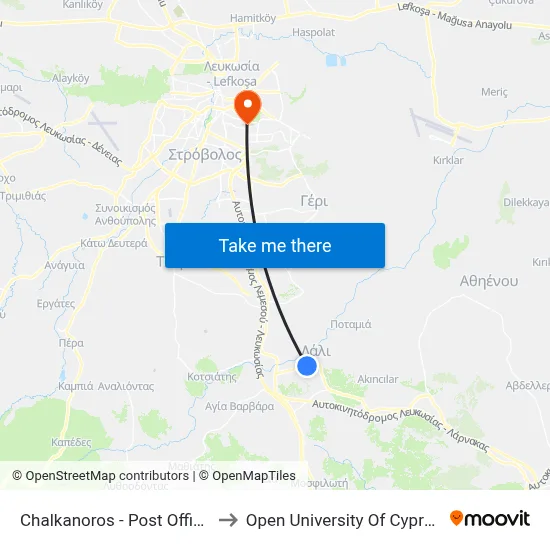 Chalkanoros - Post Office to Open University of Cyprus map