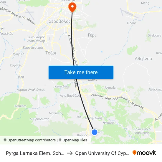 Pyrga Larnaka Elem. School to Open University of Cyprus map