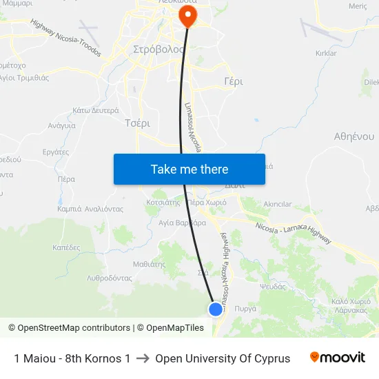 1 Maiou - 8th Kornos to Open University of Cyprus map