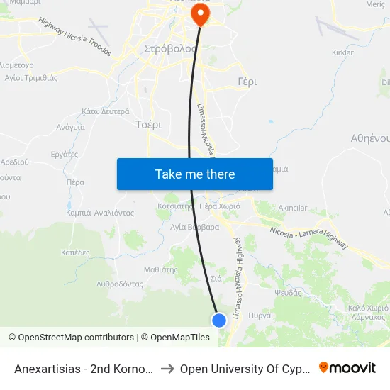 Anexartisias - 2nd Kornos to Open University of Cyprus map