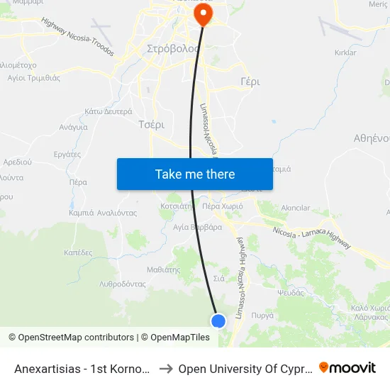 Anexartisias - 1st Kornos to Open University of Cyprus map