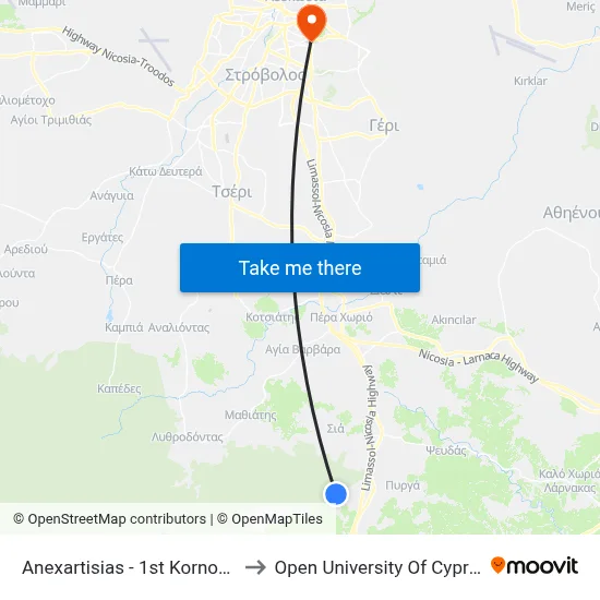 Anexartisias - 1st Kornos to Open University of Cyprus map