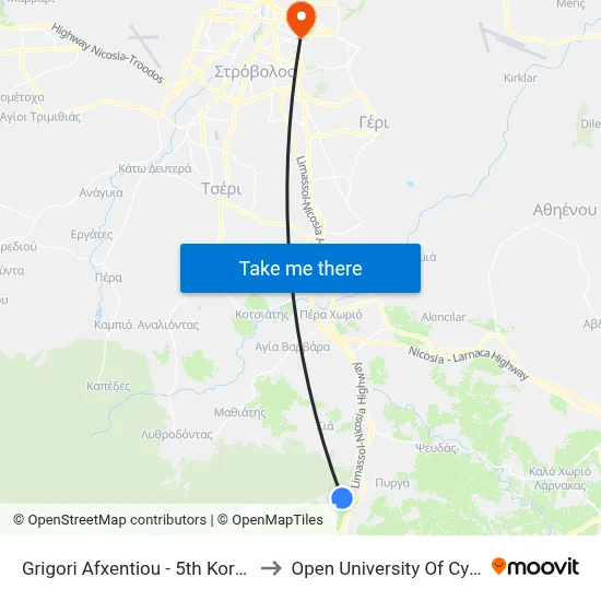 Grigori Afxentiou - 5th Kornos to Open University of Cyprus map