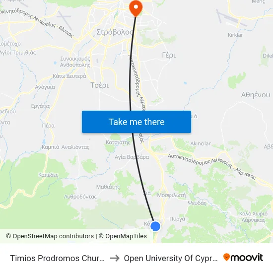 Timios Prodromos Church to Open University of Cyprus map