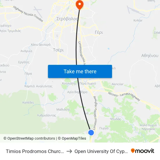 Timios Prodromos Church to Open University of Cyprus map