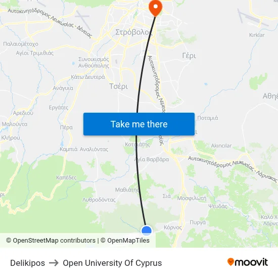 Delikipos to Open University of Cyprus map