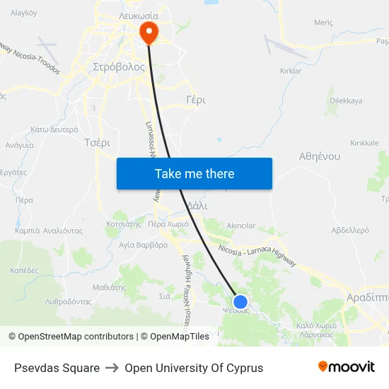 Psevdas Square to Open University of Cyprus map
