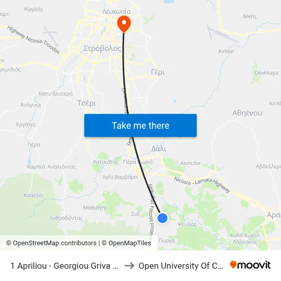 April 1st - Georgios Griva Digeni to Open University of Cyprus map
